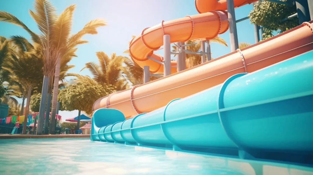 Colorful water slides at a tropical-themed hotel waterpark in Dubai, surrounded by palm trees and sunlit blue skies.