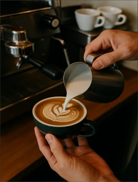 Barista in a specialty cafe in Dubai pouring steamed milk into a cup of coffee to create latte art, with an espresso machine blurred in the background.