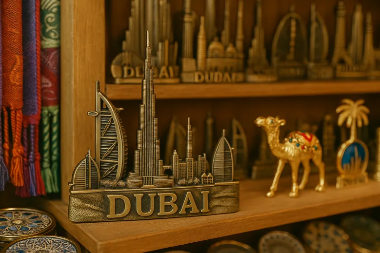 Souvenir shelf with golden Dubai ornaments, including miniature skyscrapers, a camel figurine, and a palm tree design.