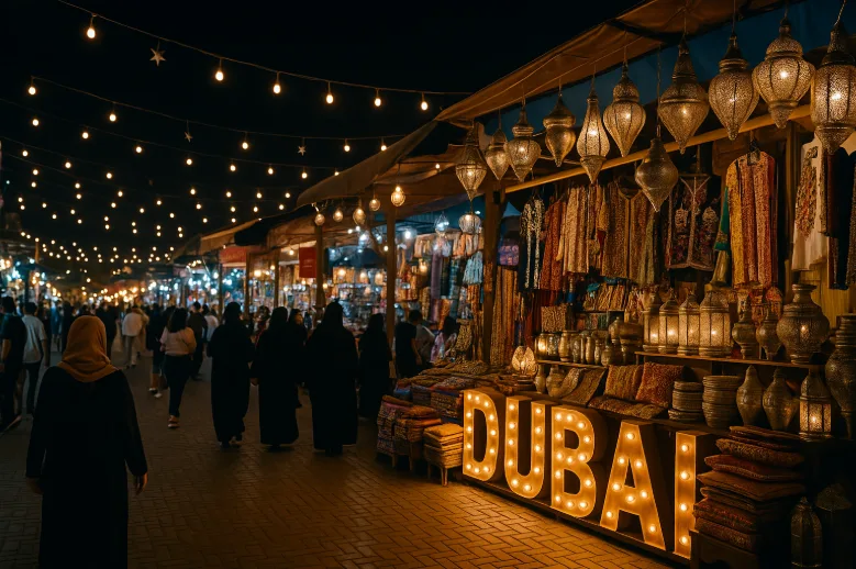 Night market in Dubai with glowing string lights, traditional lamps, colorful textiles, and a large illuminated “Dubai” sign.