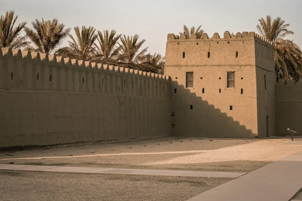 A wall with a gate and palm trees in the background
