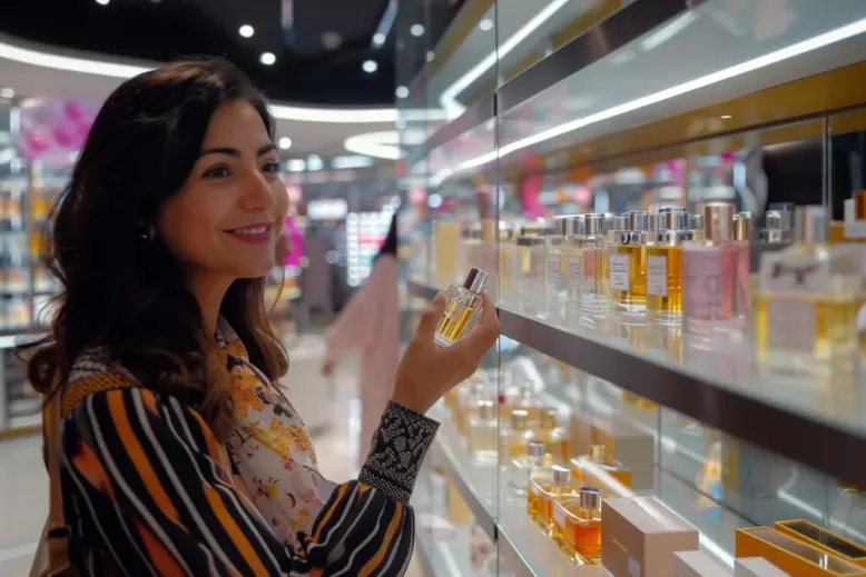 A smiling woman shops for perfume, holding a bottle while standing in front of a display of fragrances in a well-lit store