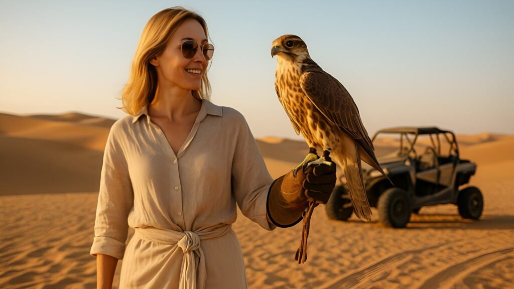 Woman in light desert clothing holding a falcon in the Dubai desert at sunset