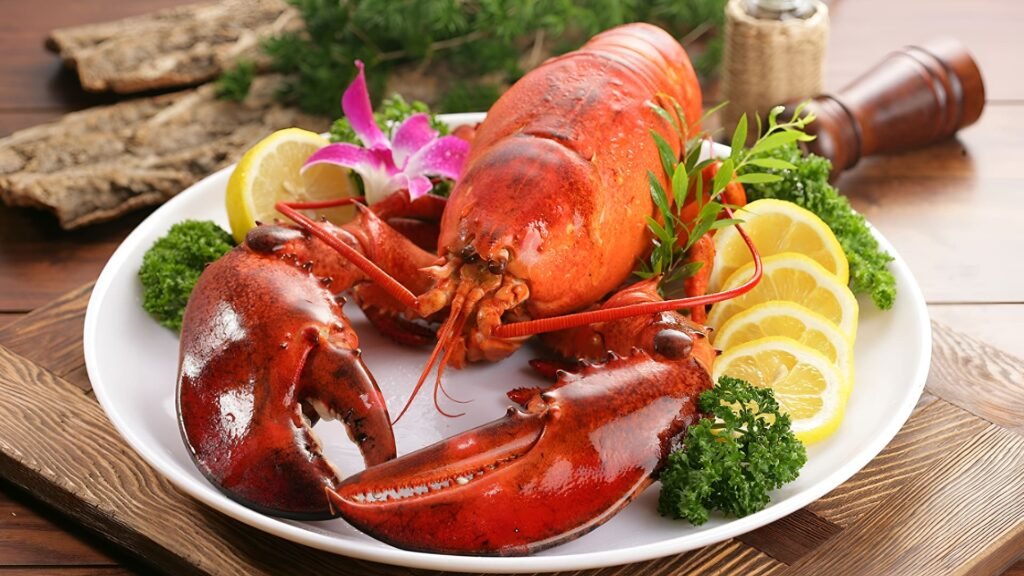 Fresh seafood platter with lobster, shrimp, and lemon slices served at a local eatery in Ajman, highlighting authentic Emirati cuisine