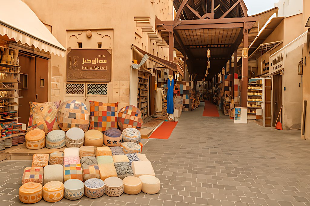 Traditional market in Sharjah with baskets of spices, textiles, and handicrafts displayed under wooden arches, showcasing the authentic atmosphere of Emirati souks.