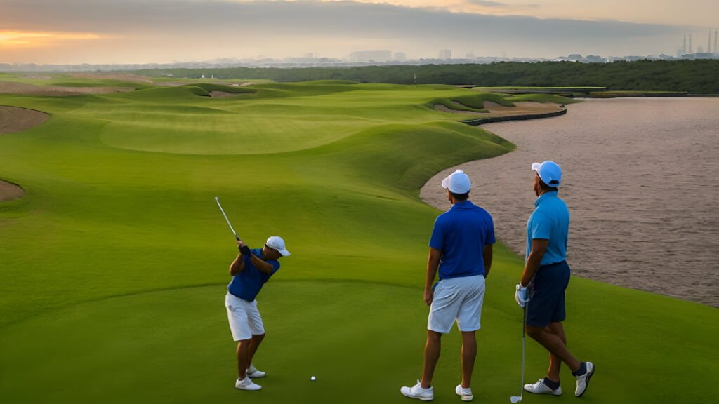 Golfers playing at Al Zorah Golf Club in Ajman with scenic mangroves and lagoon views at sunset