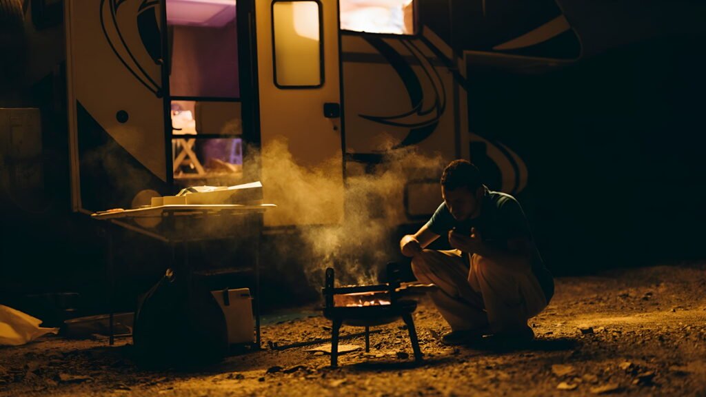 A family camping scene in Ras Al Khaimah at night, with a tent and campfire glowing under the stars