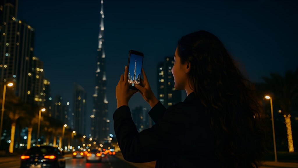 A woman taking a photo of the Burj Khalifa at night in Dubai