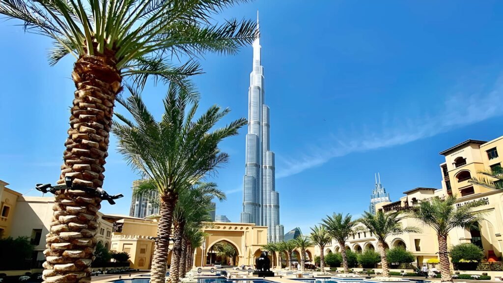 View of the Burj Khalifa rising above palm trees and a blue swimming pool in Dubai
