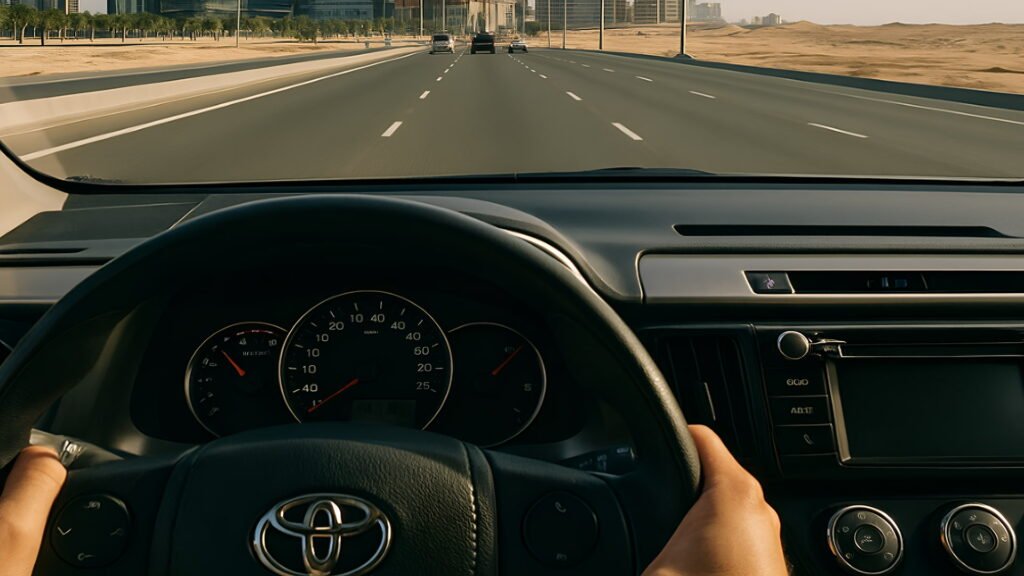 View from inside a car driving on a modern Abu Dhabi