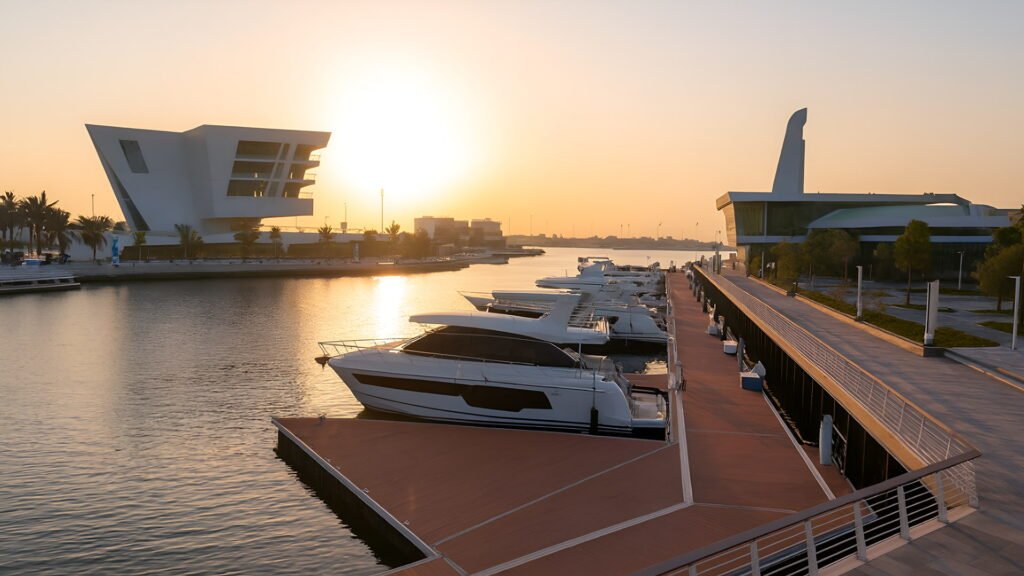 Al Qana Abu Dhabi waterfront at sunset with modern buildings, yachts, and marina view