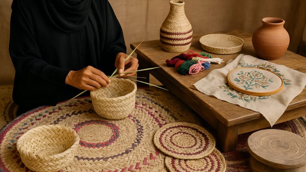 Emirati artisan weaving palm frond basket in Ajman workshop