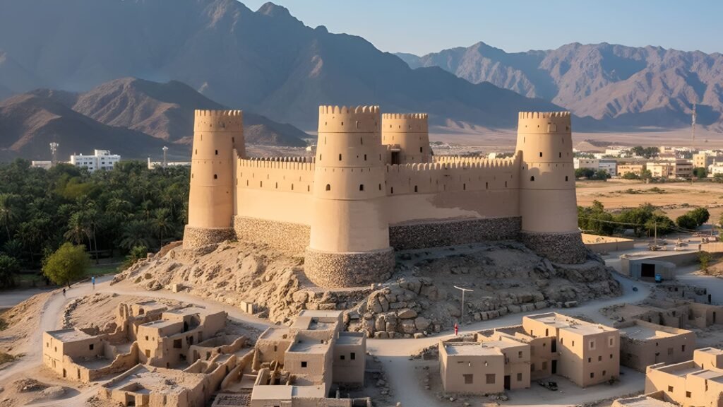 Aerial view of Fujairah Fort surrounded by traditional old town buildings with the Hajar Mountains