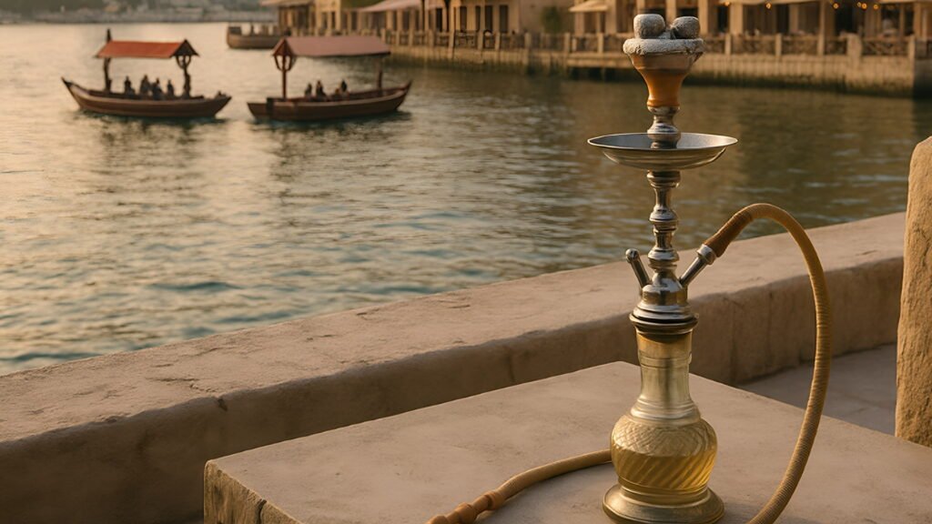 shisha pipe set on a stone table overlooking Dubai Creek at sunset,