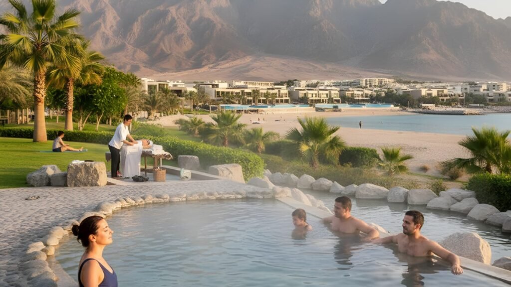 People relaxing in a natural hot spring pool surrounded by palm trees and gardens with Fujairah’s Hajar Mountains