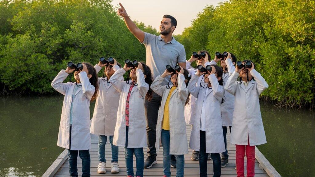 A group of children in Ajman watching birds with a teacher during an outdoor educational activity