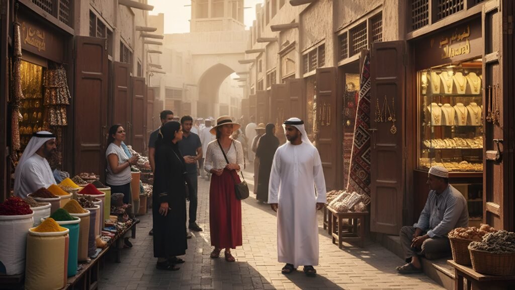 People exploring Ajman’s old souks and traditional markets lined with shops and local vendors