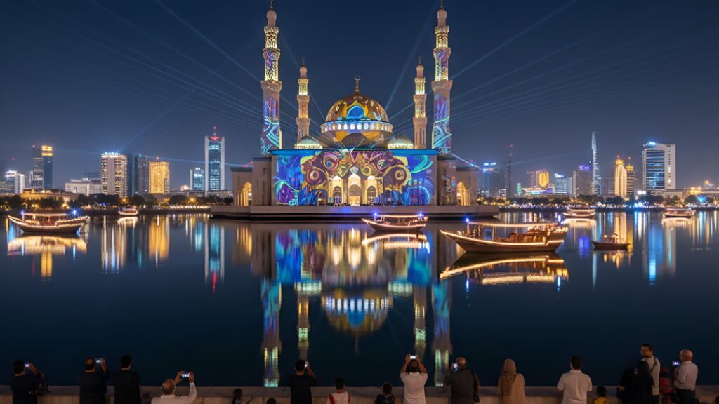 Sharjah mosque lit up at night for a festival.