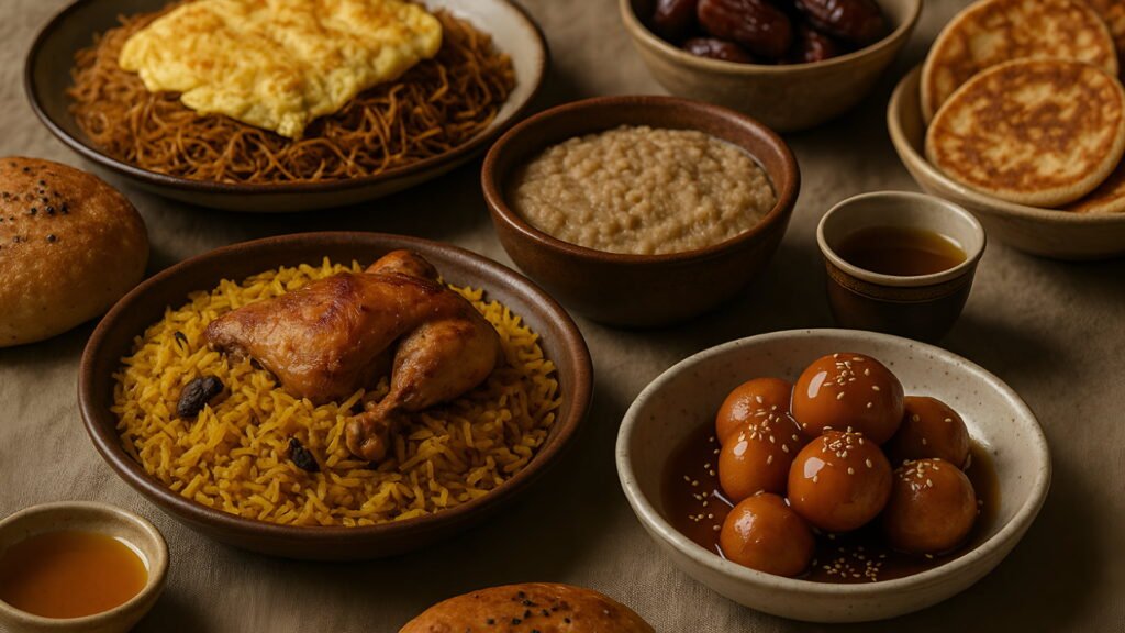 A beautifully arranged spread of traditional Emirati dishes from Sharjah
