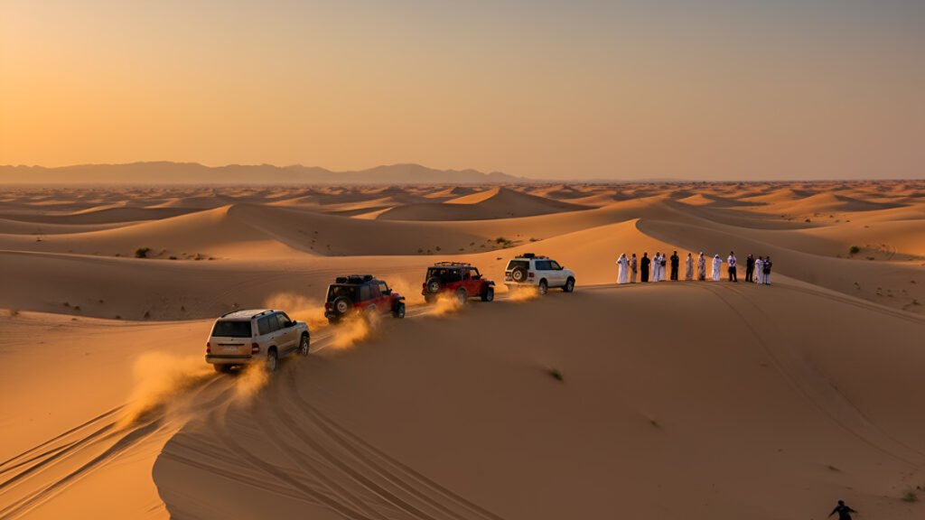 An orange 4x4 off-road vehicle driving across a large, golden sand dune in the desert.