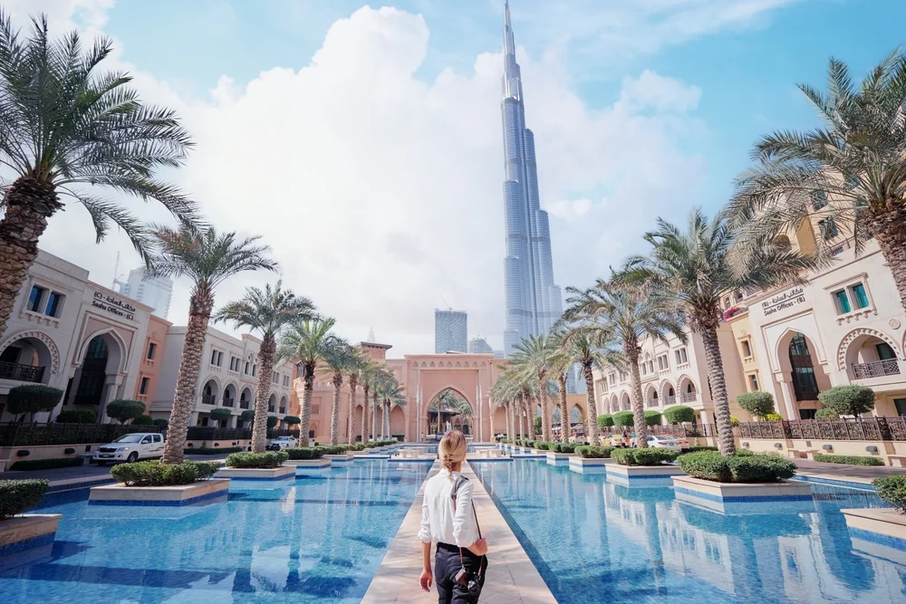 Female Tourist in Dubai UAE viewing Burj Khalifa